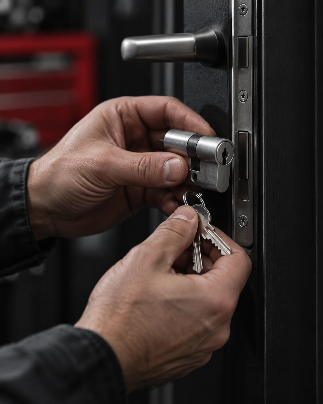 Close-up of locksmith tools working on a door lock